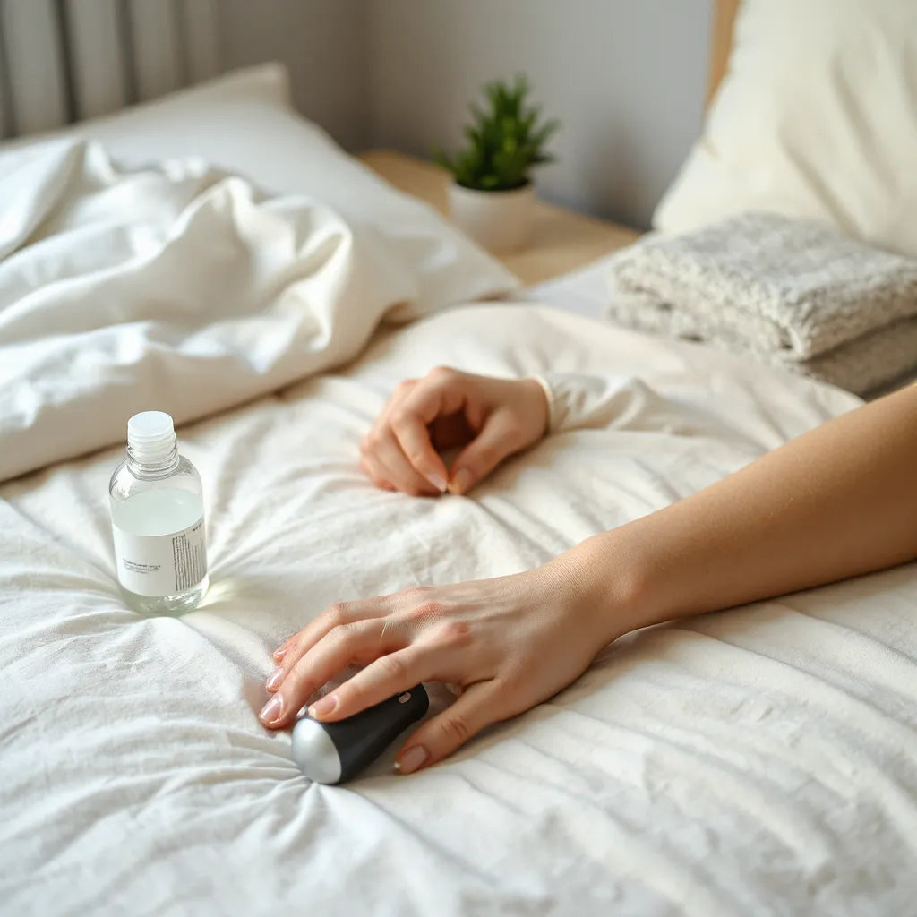 Beginner-friendly personal vibrator and water-based lubricant placed on a bedside table in a calm bedroom setting