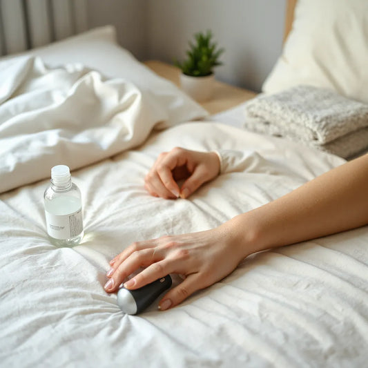 Beginner-friendly personal vibrator and water-based lubricant placed on a bedside table in a calm bedroom setting