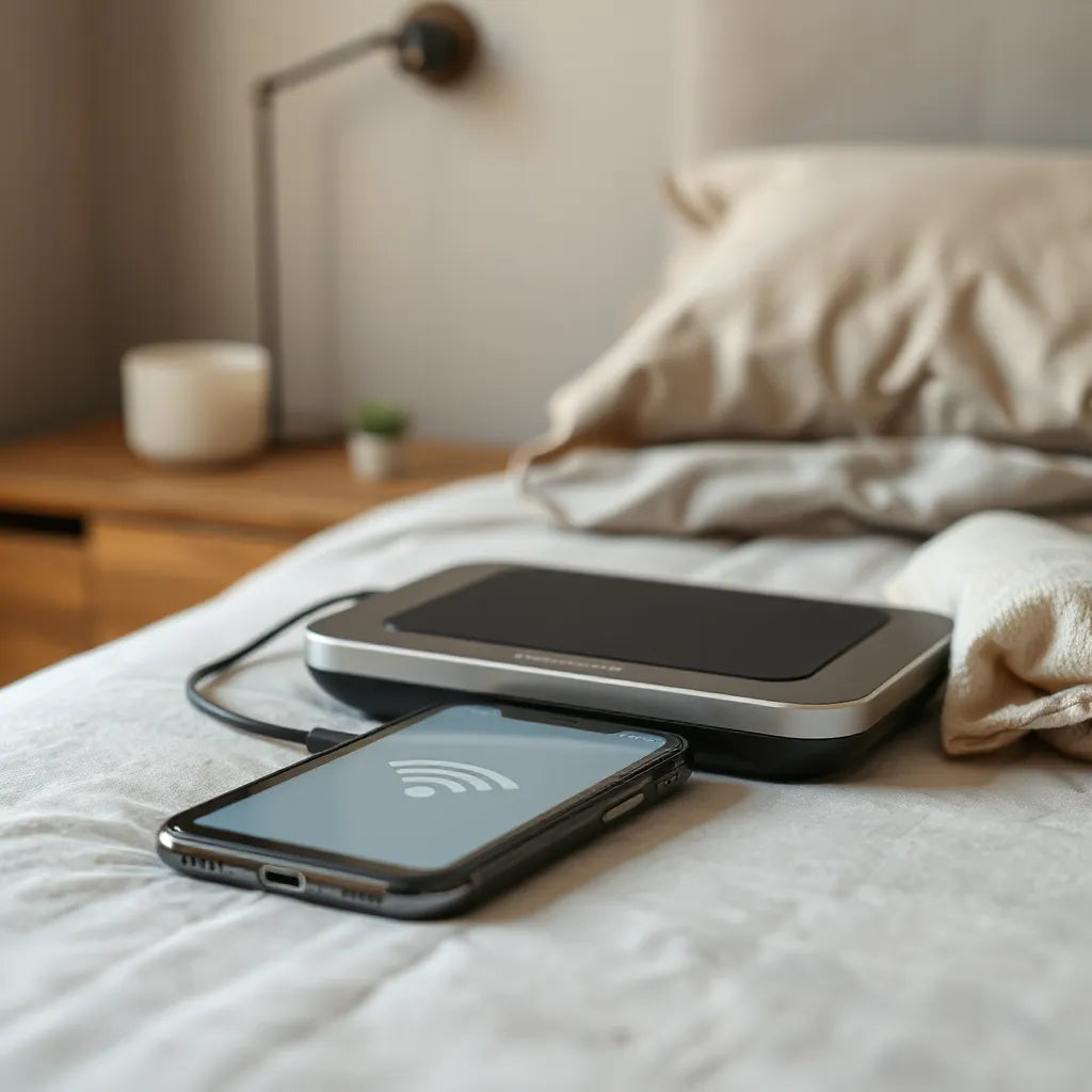 Sleek app-connected pleasure console on a bedside table with a smartphone nearby for easy pairing