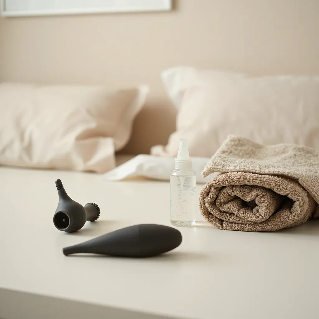 Discreet anal play items and water-based lubricant arranged on a bedside table for comfort and safety