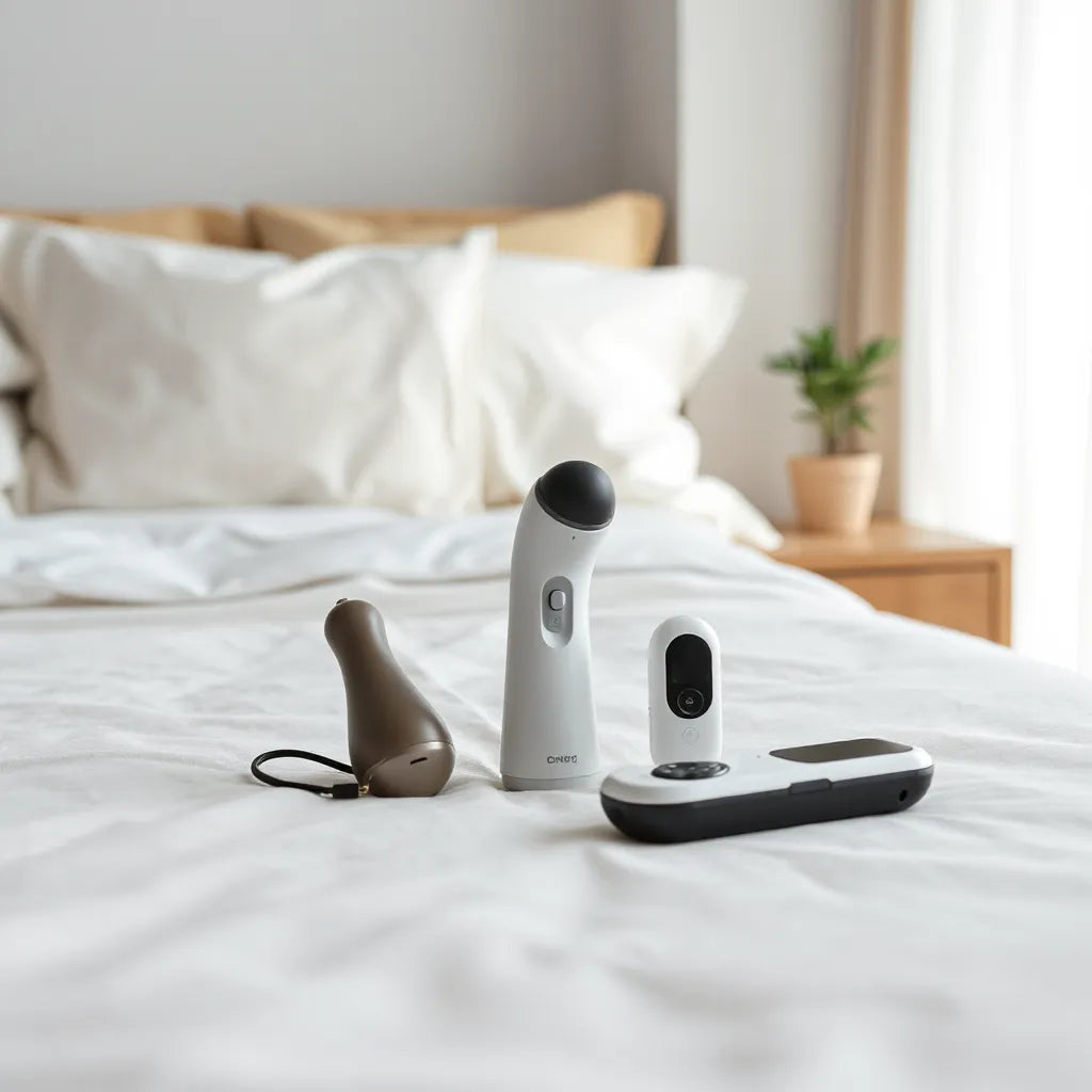 Selection of discreet sex toys for women arranged on a bedside table in soft natural light