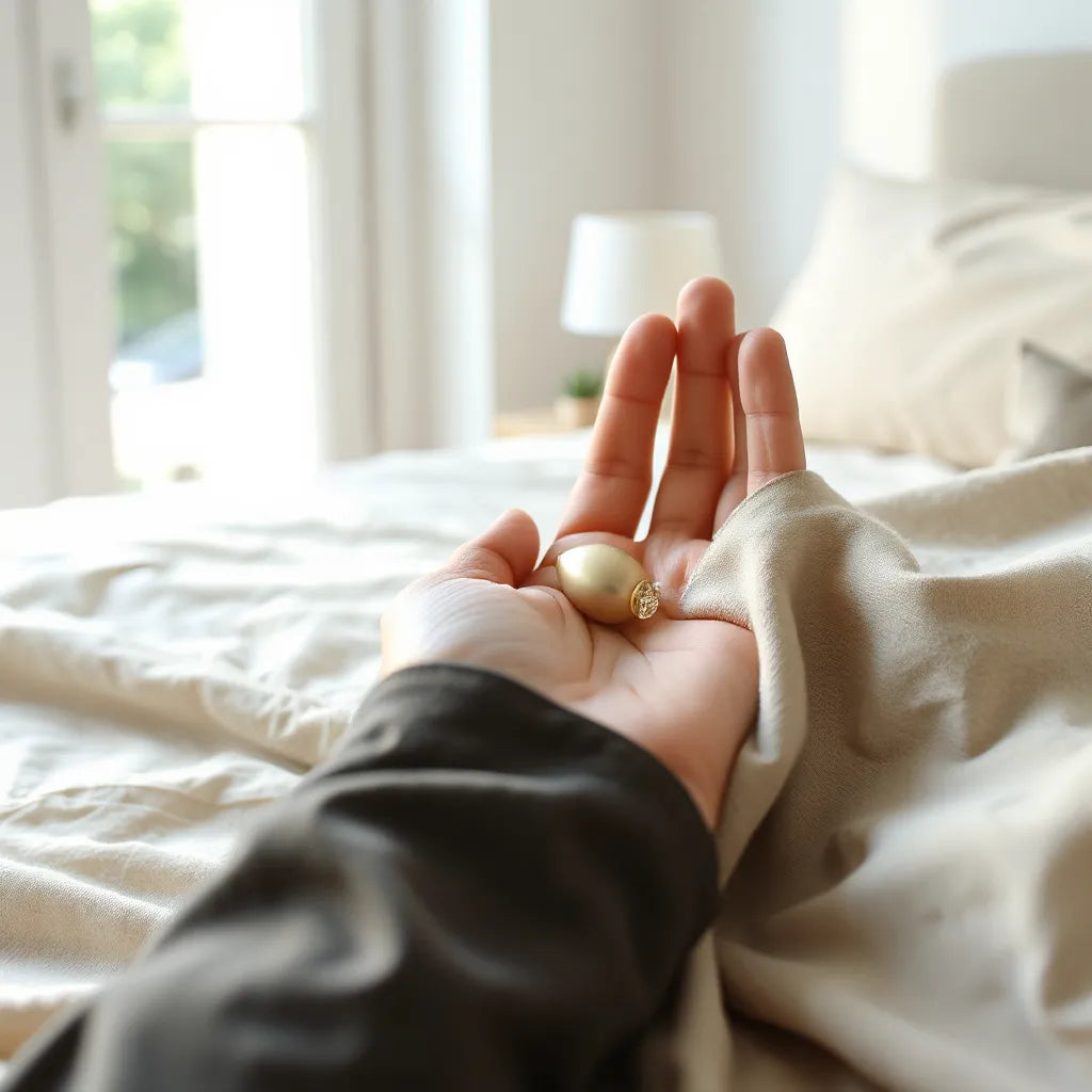 Hand positioned near a small intimate device during solo arousal in a softly lit bedroom