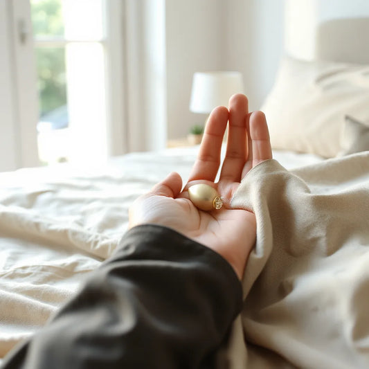 Hand positioned near a small intimate device during solo arousal in a softly lit bedroom