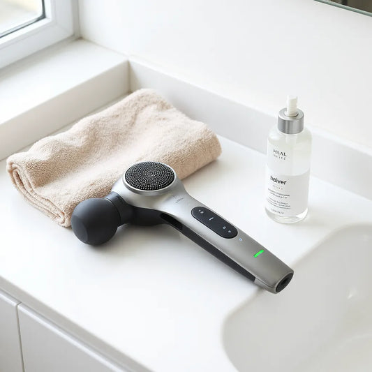 Ergonomic dual action sonic massager on a clean bathroom counter with towel and lubricant.