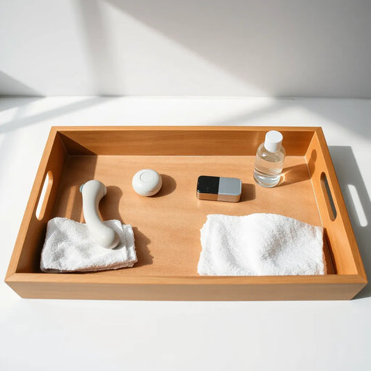 Discreet intimate self-exploration devices on a clean vanity with lubricant and towel in soft natural light