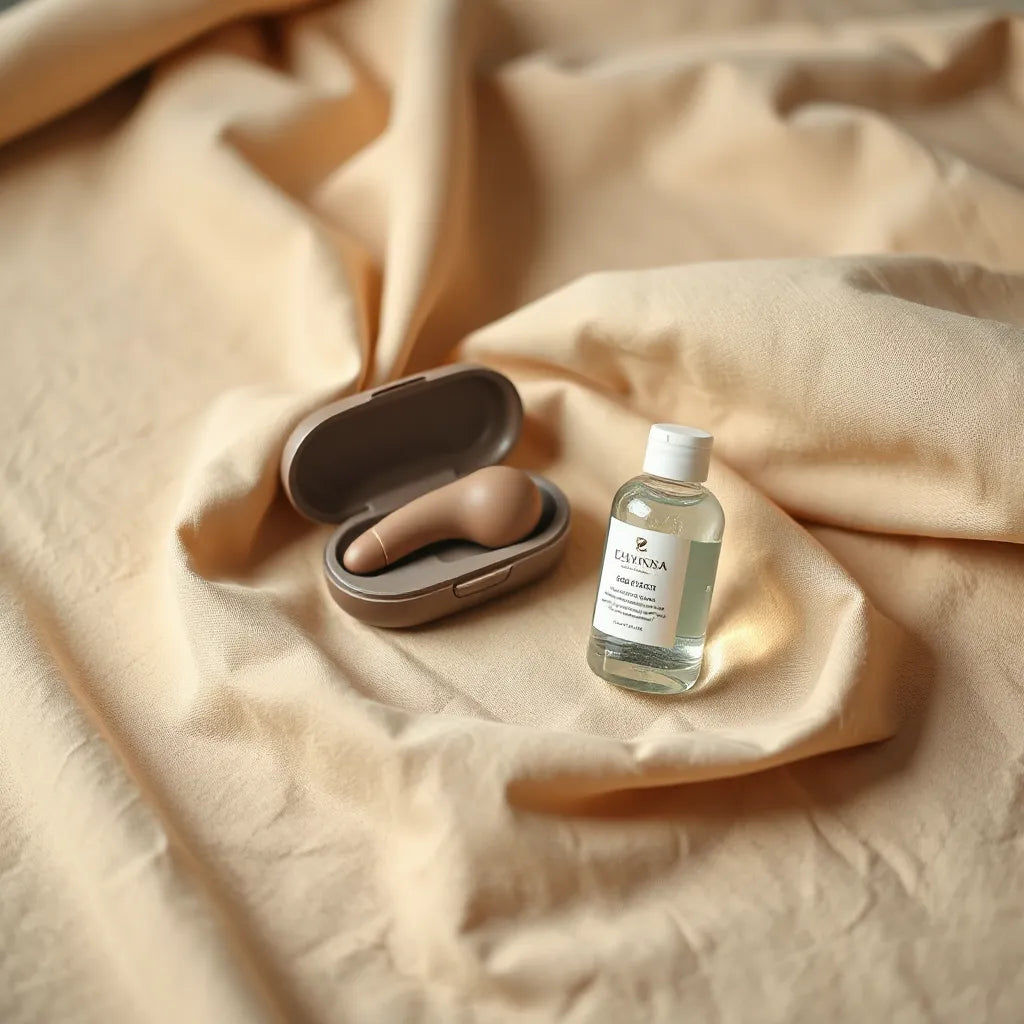 Sleek luxury pleasure product set and lubricant arranged on neutral fabric under warm lighting