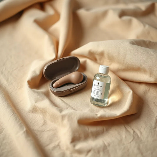 Sleek luxury pleasure product set and lubricant arranged on neutral fabric under warm lighting
