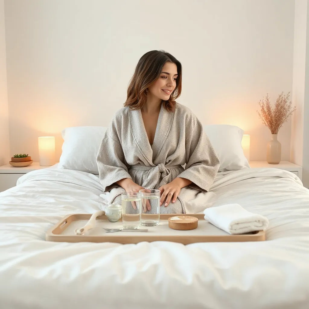 Woman enjoying a calm self-care moment in a bright bedroom with soft lighting and a bedside water glass